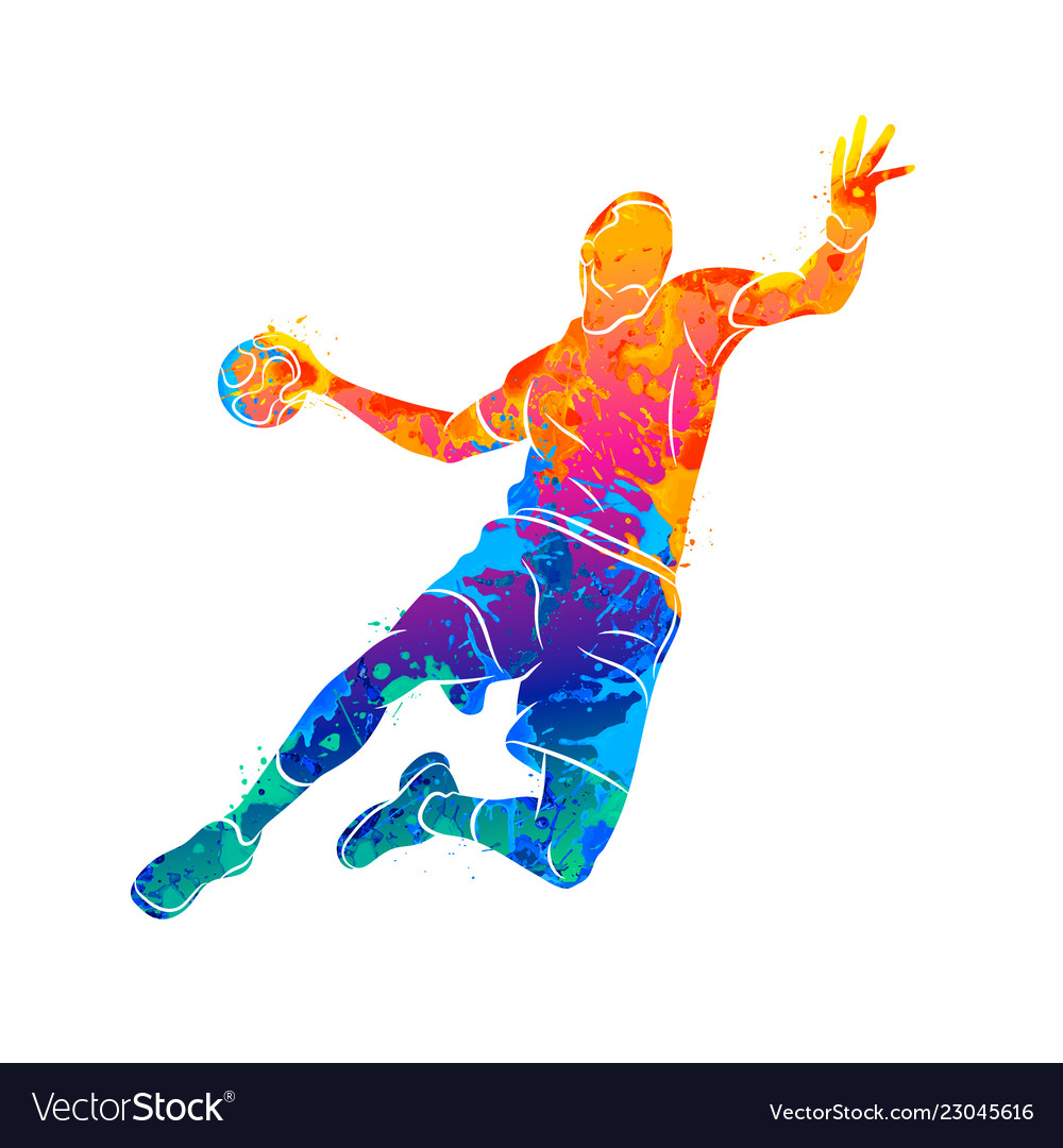 Abstract handball player jumping with the ball from splash of watercolors